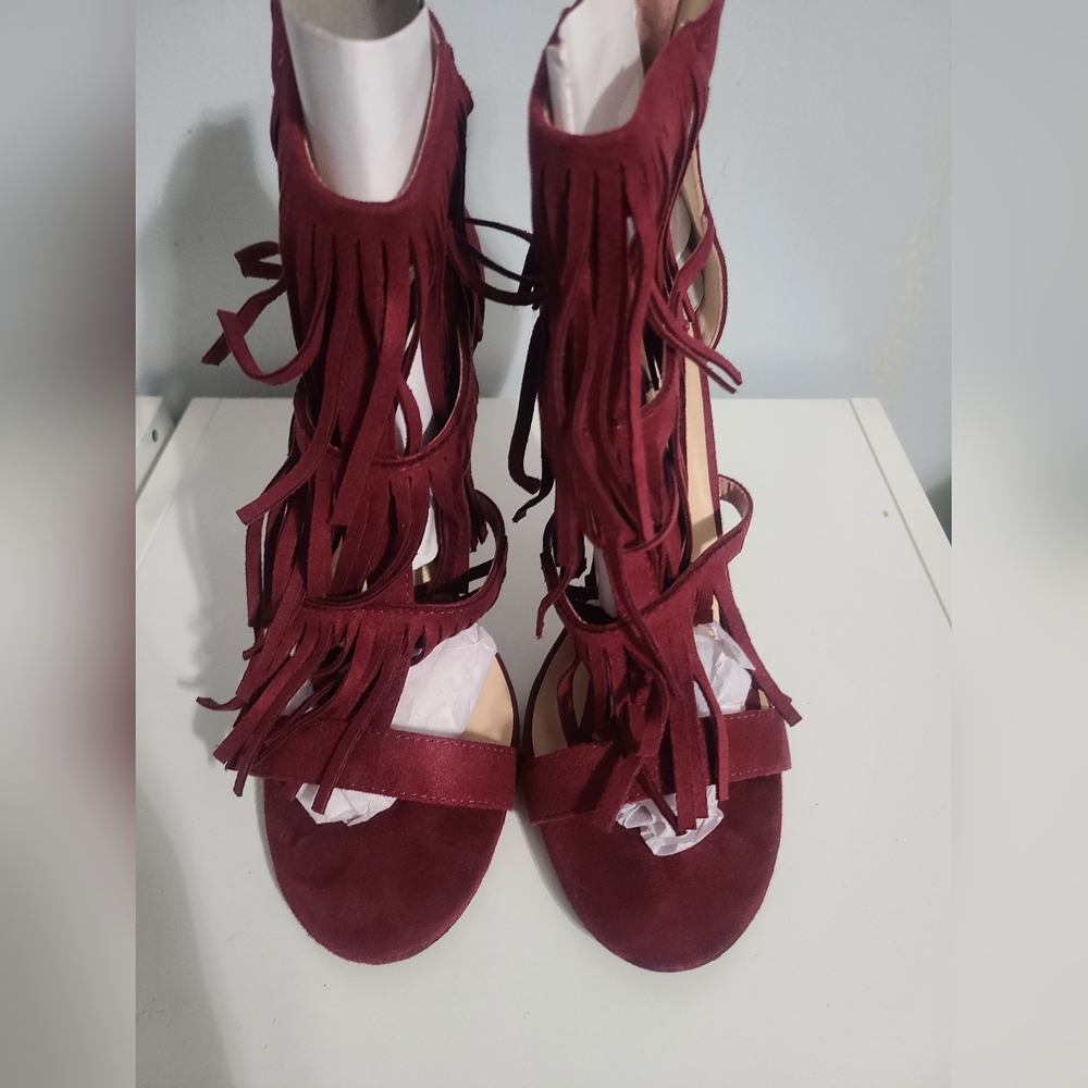 Wine fringy heels